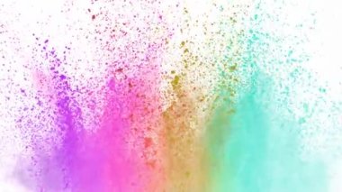 Beyaz arka planda izole edilmiş süper yavaş renkli barut patlaması. Hız rampası etkisi. Yüksek hızlı sinema kamerası, 1000fps.