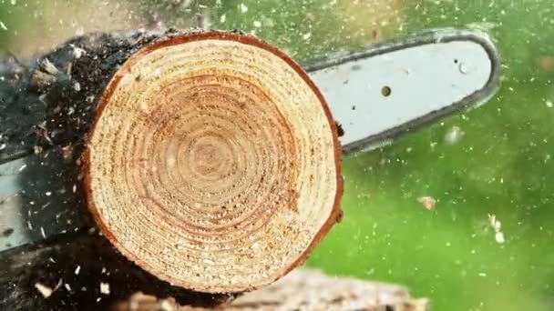 Superzeitlupe Der Kettensäge Die Den Holzstamm Durchtrennt Gefilmt Mit High — Stockvideo