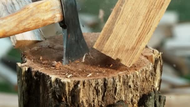 Super Slow Motion Chopping Wooden Logs Axe Filmed High Speed — Stockvideo