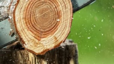 Tahta kütüğü kesen elektrikli testerenin süper yavaş çekimi. Yüksek hızlı sinema kamerası, 1000 fps..