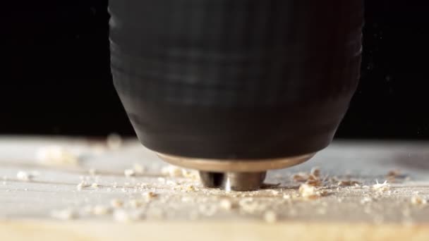 Super Slow Motion Detail Drill Bit Drilling Wood Filmed High — Stock Video
