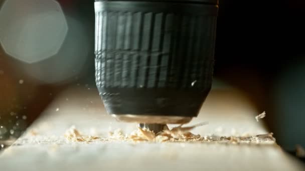 Movimento Super Lento Detalhe Uma Broca Perfuração Madeira Filmado Câmera — Vídeo de Stock