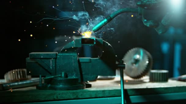 Super Slow Motion Working Welder Workshop Detail Shot Low Depth — Vídeos de Stock