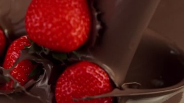 Super Slow Motion of Pouring Dark Hot Melted Chocolate Splash With Strawberries Falling, Close-up. Filmed on High-Speed Cinema Camera, 1000 Fps.