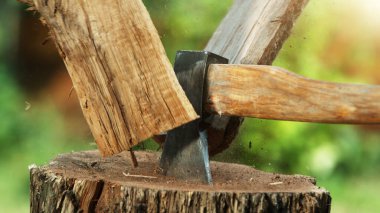 Detail of lumberjack chopping wood, log chips falling apart.
