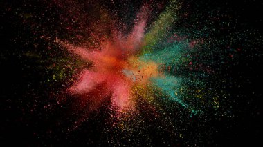 Renkli barut patlaması. Arka planda soyut yakın çekim tozu. Renkli bir patlama. Boya deliği.