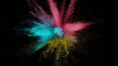 Renkli barut patlaması. Arka planda soyut yakın çekim tozu. Renkli bir patlama. Boya deliği.