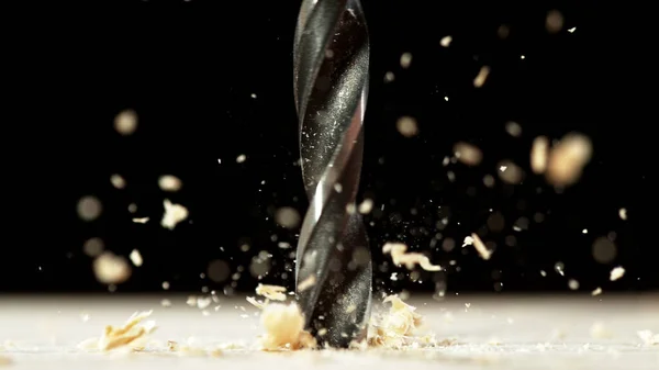 Super Macro Shot Steel Drill Wood Chippings Flying Sawdust Flies — Fotografia de Stock