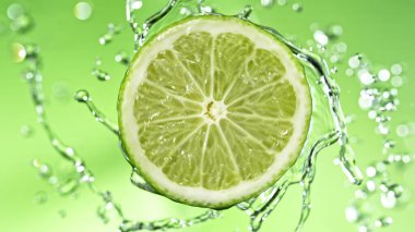 Yeşil arka planda su sıçraması olan bir dilim limon. İzole stüdyo çekimi, taze meyve arka planı..