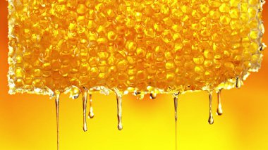 Altın arka planda bal damlıyor. Makro bal damlası, bal peteğinden damlıyor. Sağlıklı gıda konsepti, diyet, diyet