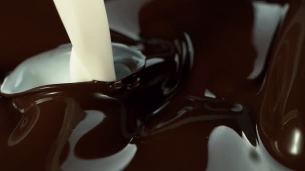 Super Slow Motion Falling Milk Splashes Melted Chocolate Filmed High — Stock Video