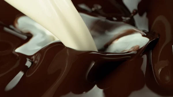 Close Pouring Stream Melted Chocolate Milk Splashing Out — Stock Photo, Image