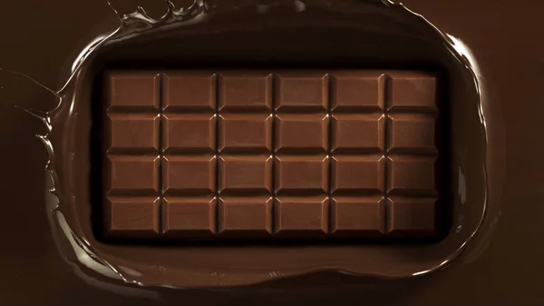 Chocolate Bar Chocolate Splashing Freeze Motion Whole Chocolate Bar Top — Stock Photo, Image