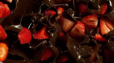 Erimiş çikolataya Düşen Çileğin Süper Yavaş Hareketi. Yüksek Hız Sinema Kamerası, 1000fps.