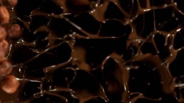 Super Slow Motion Falling Hazelnuts Melted Chocolate Filmed High Speed — Wideo stockowe