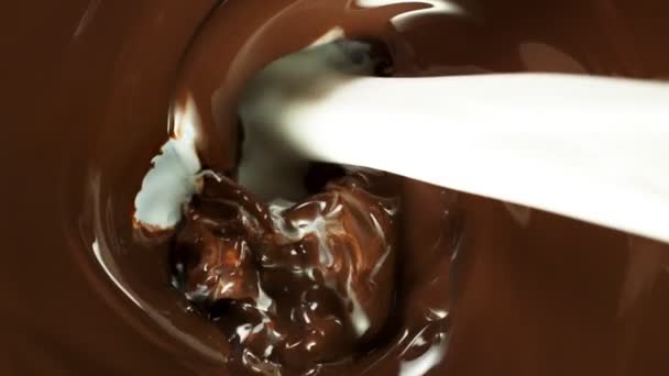 Super Slow Motion Milk Pouring Hot Melted Chocolate Filmed High — Vídeos de Stock
