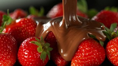 Freeze motion of pouring melted chocolate on strawberries. Fresh yummy background.