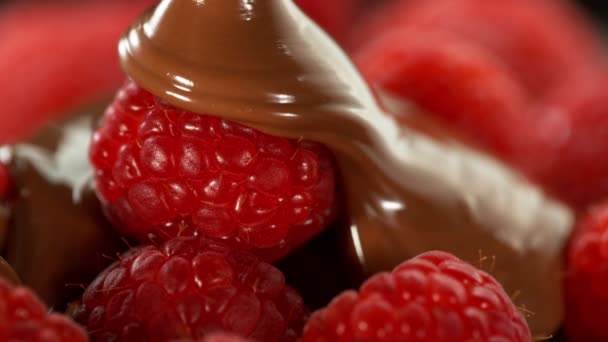 Super Slow Motion Pouring Raspberries Melted Chocolate Filmed High Speed — Stockvideo