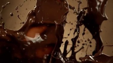 Super Slow Motion of Melted Chocolate Splashing in Waves shapes. Isolated on Brown Background. Filmed on High Speed Cinema Camera in 4k, 1000fps.