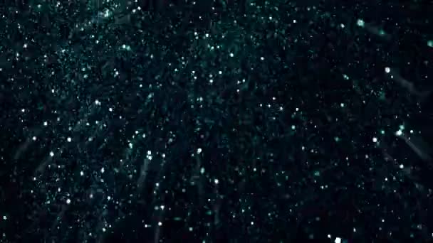 Super Slow Motion Glittering Blue Particles Black Background Shallow Depth — 图库视频影像