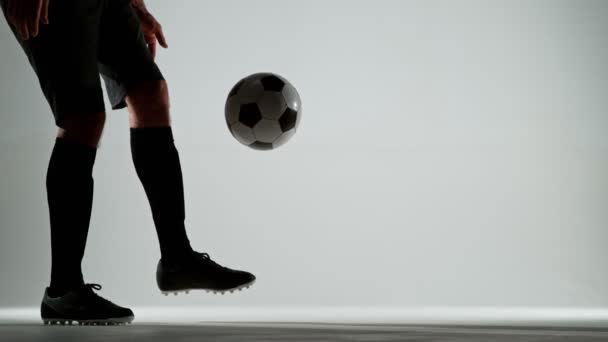 Super Slow Motion Soccer Player Dribbling Ball Shot White Studio — Stock videók