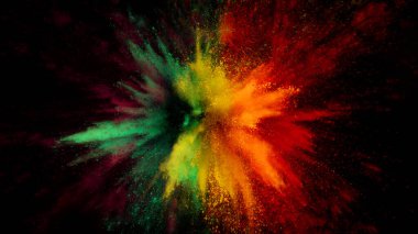 Siyah arka planda izole edilmiş renkli barut patlaması. Soyut yakın çekim tozu. Renkli bir patlama. Boya deliği.