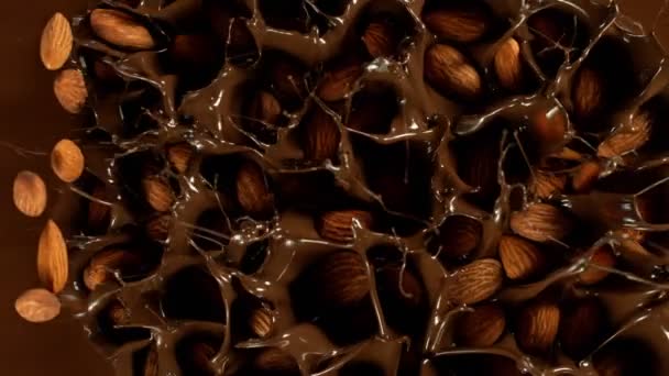 Super Slow Motion Falling Almonds Melted Chocolate Filmed High Speed — Vídeo de Stock