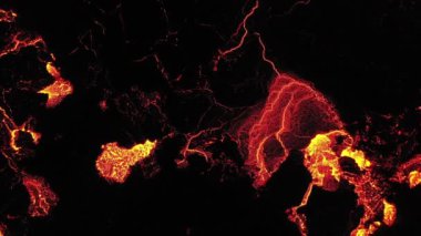 Aerial panoramic footage of Meradalir lava river field. Iceland 20.8.2022. Drone footage, lava is spreading out of crater.