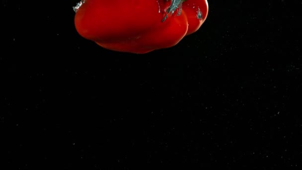 Düşen Kırmızı Biberin Süper Yavaş Çekimi Siyah Arka Planda Izole — Stok video