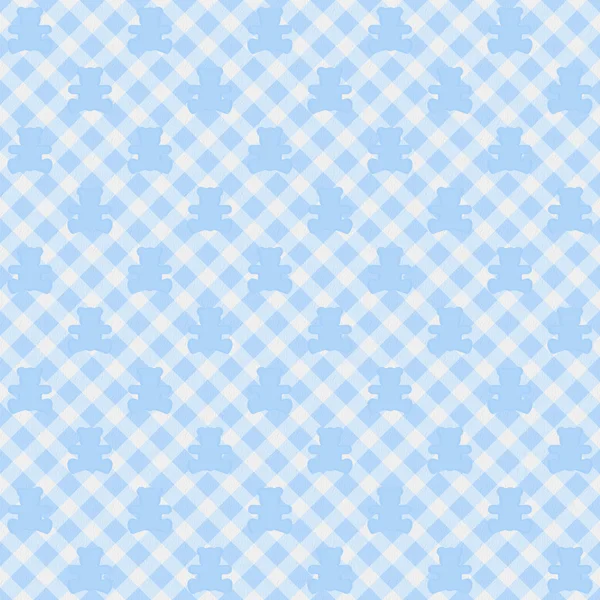 Tecido de Gingham azul claro com fundo de ursos de pelúcia — Fotografia de Stock