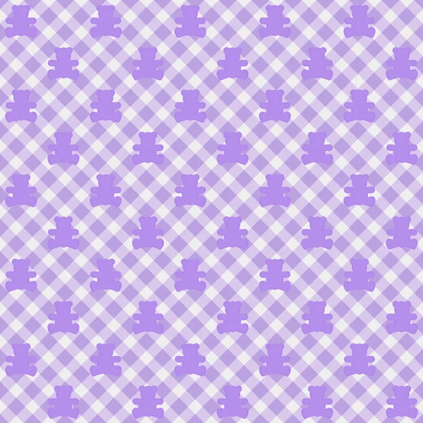 Tecido de Gingham roxo claro com fundo de ursos de pelúcia — Fotografia de Stock