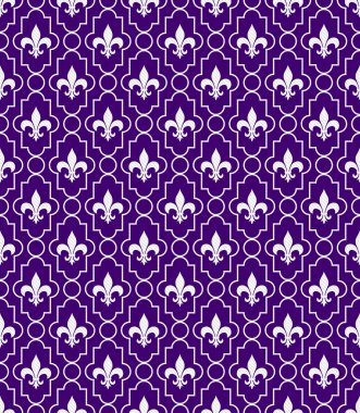 White and Purple Fleur-De-Lis Pattern Textured Fabric Background clipart