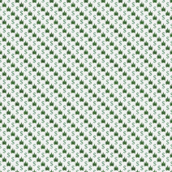 緑と白のマリファナの葉とドル記号柄の繰り返し間隔 — ストック写真