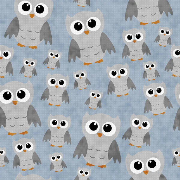 Gray Owls on Blue Textured Fabric Repeat Pattern Background — Stock Photo, Image
