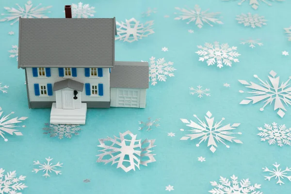 Casa Model Fulgi Zăpadă Argint Pentru Ipoteca Iarnă Mesajul Legat — Fotografie, imagine de stoc