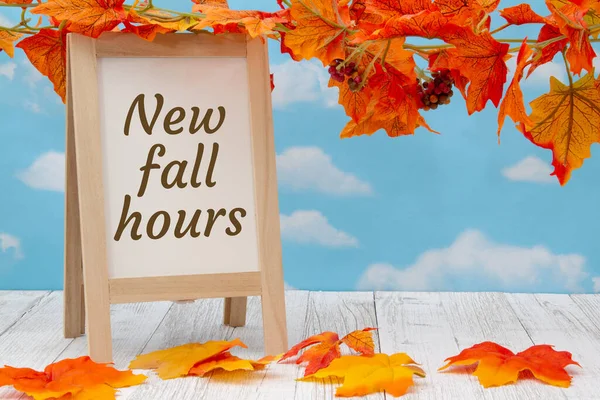 New Fall Hours Sign Standing Whiteboard Weathered Wood Fall Leaves — Stock Photo, Image