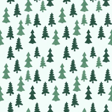 Beyaz arka plandaki yeşil ağaçlar kusursuz ve Noel veya çevre dostu mesajınız için tekrarlanıyor