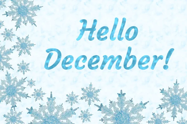 Hallo Dezember Nachricht Mit Blauem Schneeflockenrahmen Auf Hellblau — Stockfoto