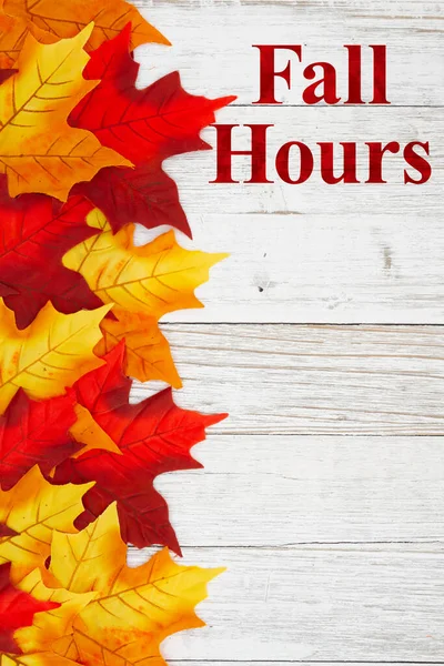 Fall Hours Message Red Autumn Leaves Weathered Wood — Stock Photo, Image