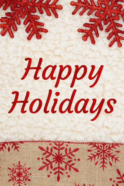 Happy Holidays Greeting Red Brown Snowflake Border Beige Sherpa Material — Stock Photo, Image