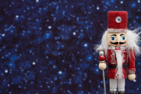 Happy Nutcracker Hat Night Sky Copy Space Winter Christmas Message — Stock Photo, Image