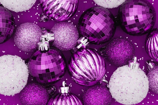 Christmas Background Purple White Ball Ornaments Copy Space Your Christmas Stock Picture