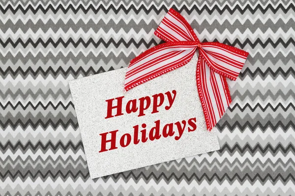 Happy Holidays Silver Glitter Greeting Card Bow Gray Chevron — Stock Photo, Image