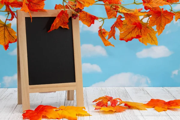Blank Standing Chalkboard Weathered Wood Fall Leaves Copy Space Your — Stock Photo, Image