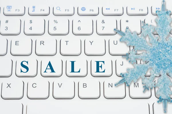 Winter Sale Online White Keyboard Blue Snowflake — Stock Photo, Image