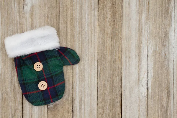 Grön Och Blå Tartan Jul Vante Bakgrund Med Väderbitna Trä — Stockfoto