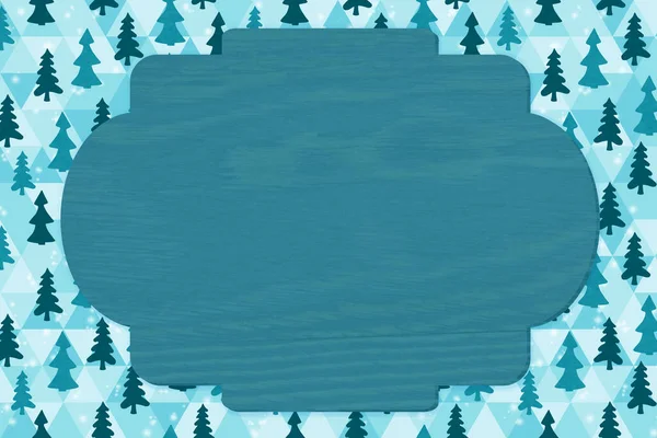 Noel Ağacı Kağıdında Kar Ile Boş Mavi Ahşap Tabela — Stok fotoğraf