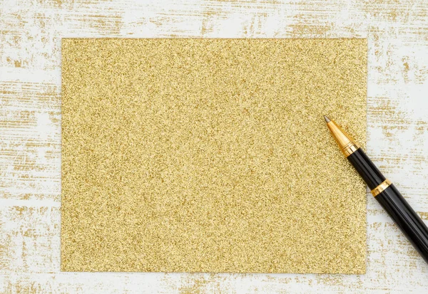 Blank Złota Kartka Życzeniami Długopisem Grunge Złota Bieli Copyspace Dla — Zdjęcie stockowe