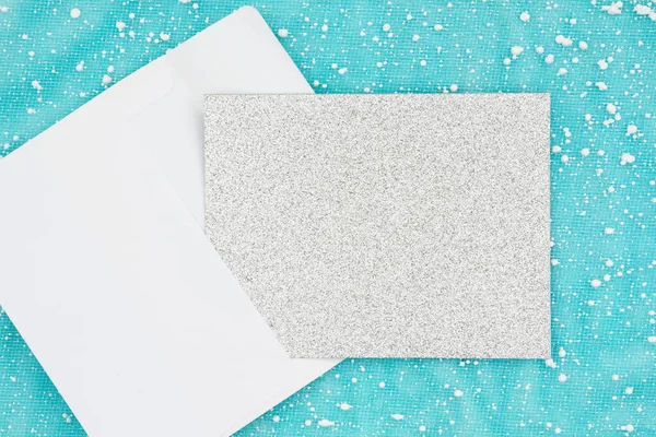 Blank Silver Glitter Greeting Card Blue Snowflakes Copyspace Your Christmas — Fotografia de Stock