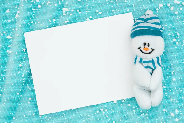 Cartão Branco Branco Saudação Com Boneco Neve Azul Com Flocos — Fotografia de Stock